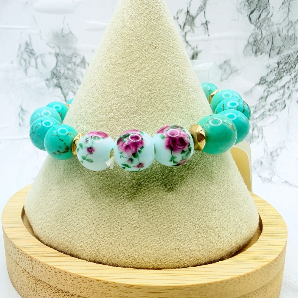 Riah Fashion Turquoise Glass Floral Bead Stretch Bracelet New Gift Ready